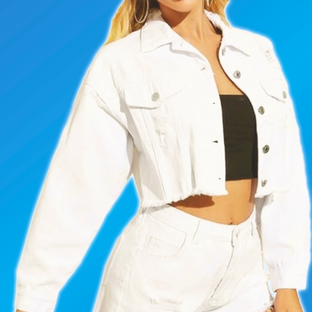 Hollister White distressed Cropped Denim Jacket